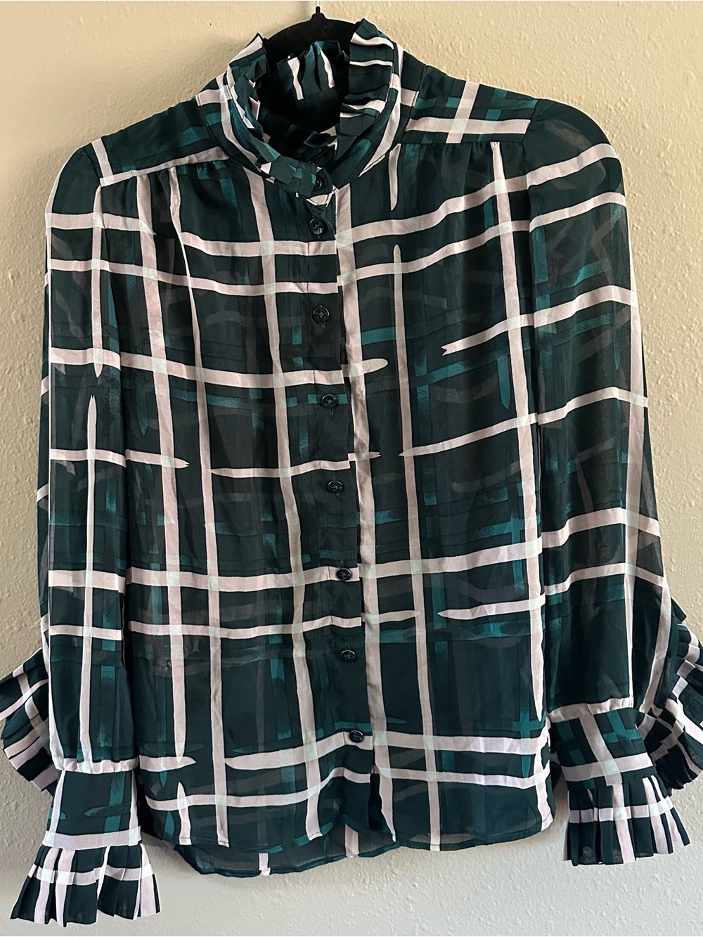 CAbi Dark Green Plaid Ruffle Neck Button-Down Blouse